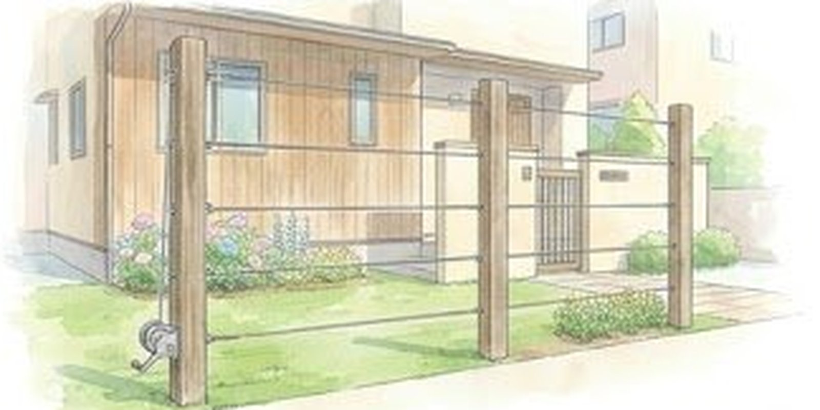 外壁から柱へワイヤーを張った物干しの設置イメージ・夏の住宅街